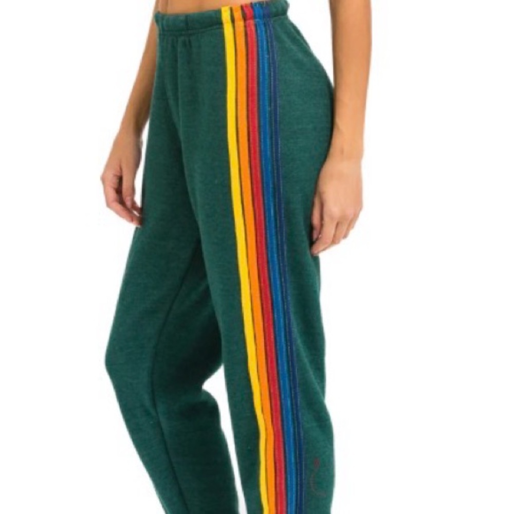 Aviator Nation Green Sweatpants with Rainbow Stripes Size Large